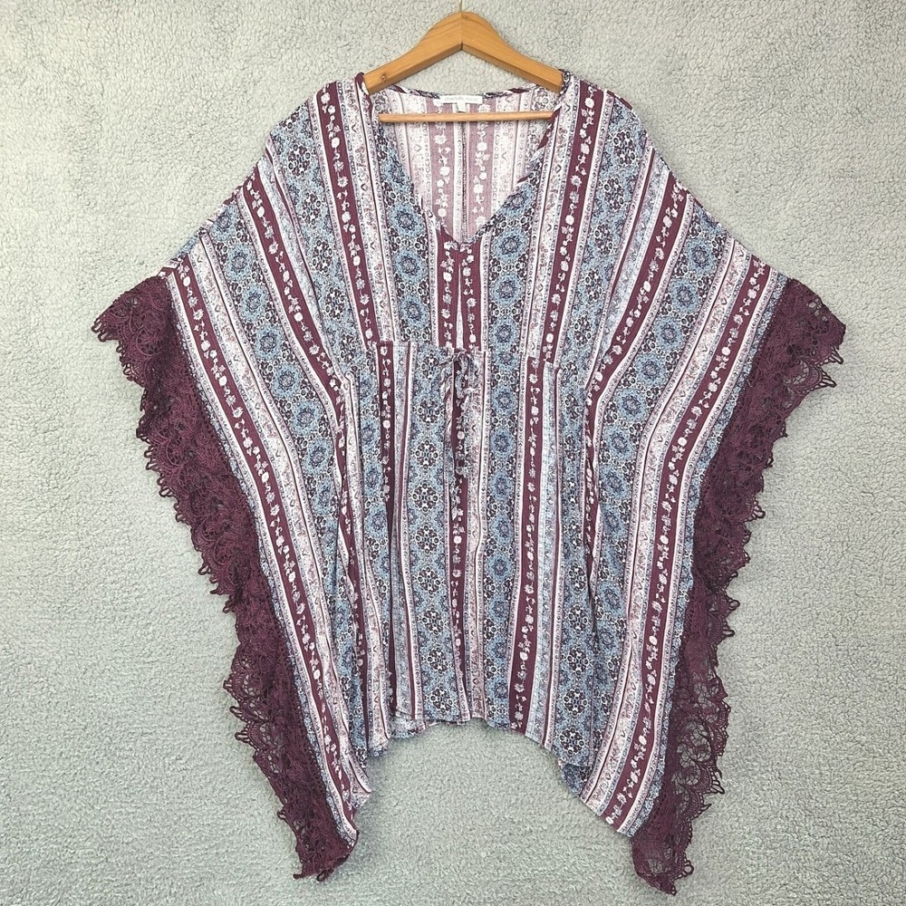 Charlotte Russe‎ Kimono Womens Medium Floral Stripe Crochet Fringe Boho Festival